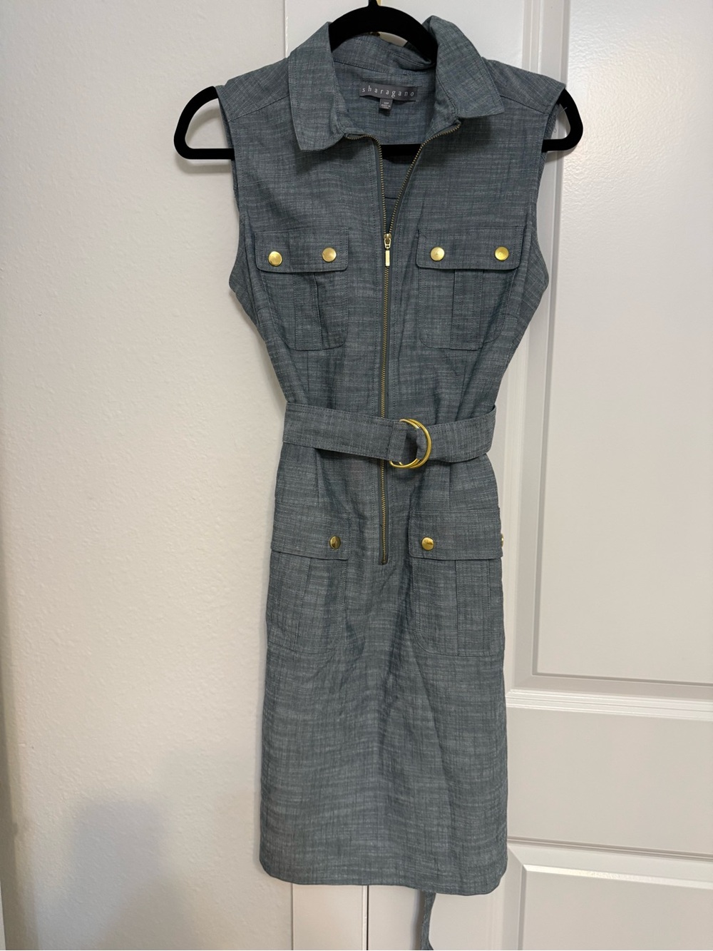 Sharagano Sleeveless Belted Midi Dress in Gray with Gold Hardware